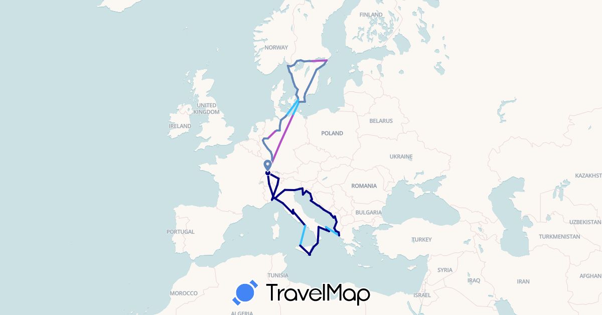 TravelMap itinerary: driving, cycling, train, boat in Albania, Switzerland, Germany, France, Greece, Croatia, Italy, Montenegro, Sweden (Europe)